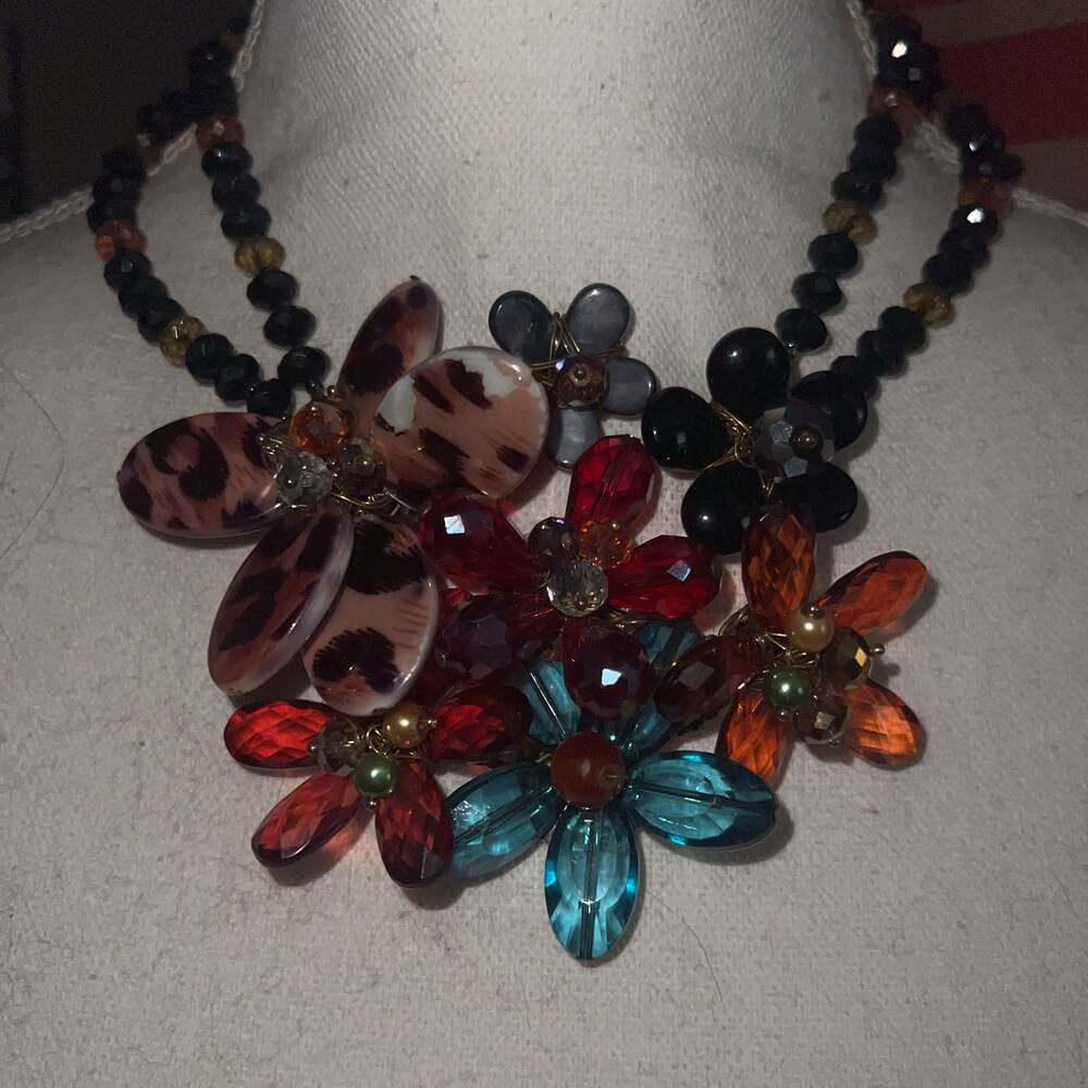 Vintage Floral Cluster Bib Necklace Multi Strand Art Glass Statement Pearl Chunk